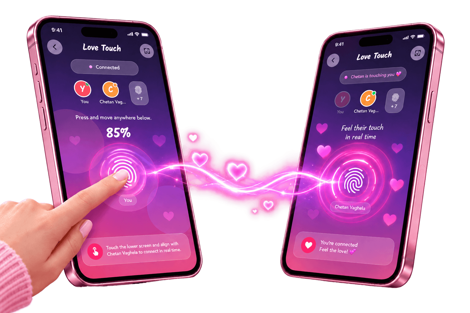 Two connected Lovelle Live Touch screens with a glowing fingertip interaction