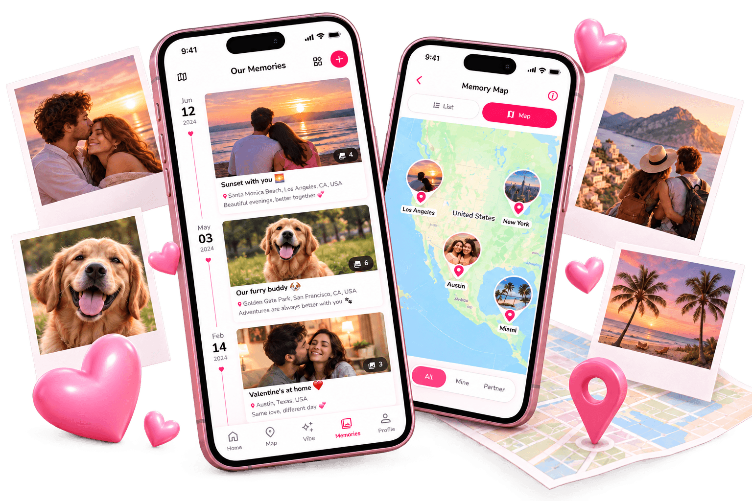 Lovelle Memories artwork showing two app screens, photo cards and memory map pins