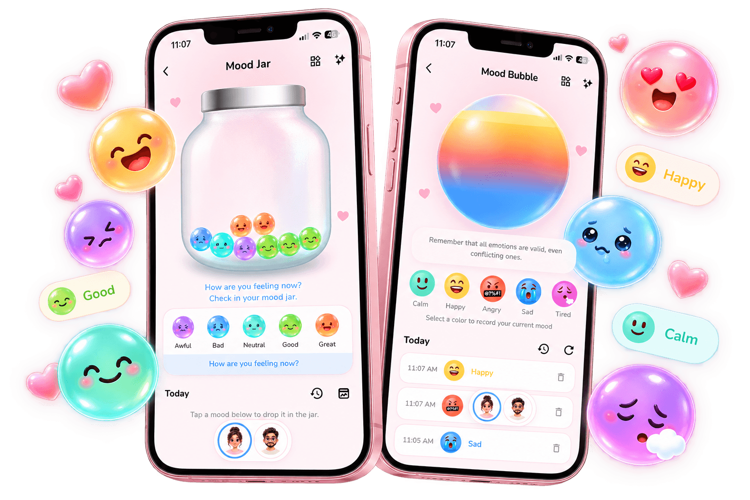 Lovelle Mood Jar and Mood Bubble artwork showing app screens with colorful mood bubbles