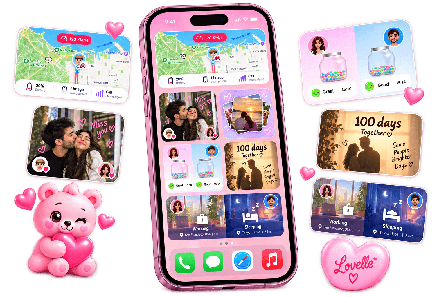 Lovelle home screen widget artwork showing location, moods, memories and shared status widgets