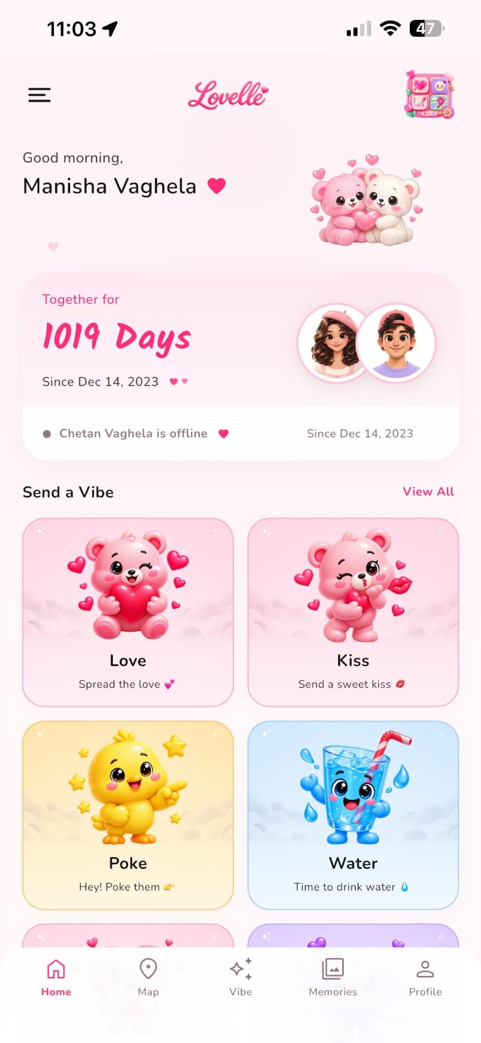 Lovelle Home screen showing a couple dashboard and Vibes