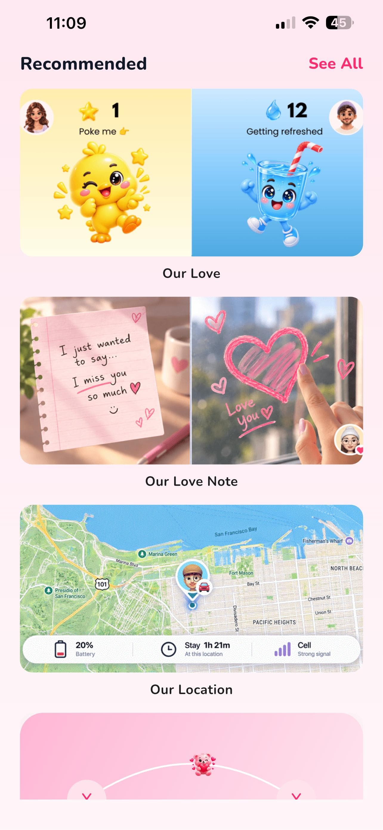 Lovelle screen showing recommendations, love notes and location