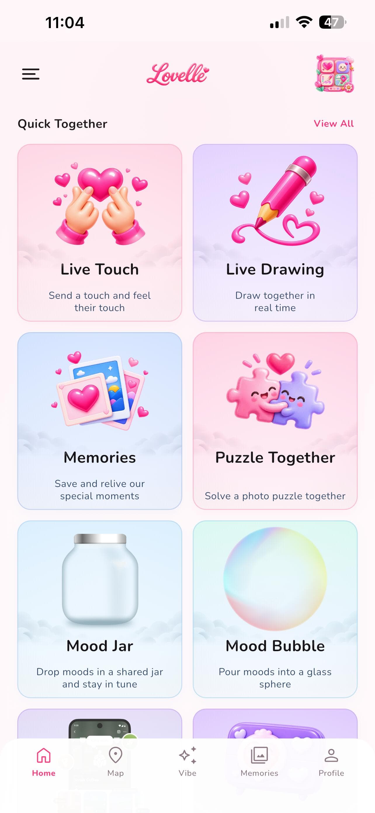 Lovelle Quick Together screen showing playful shared activities