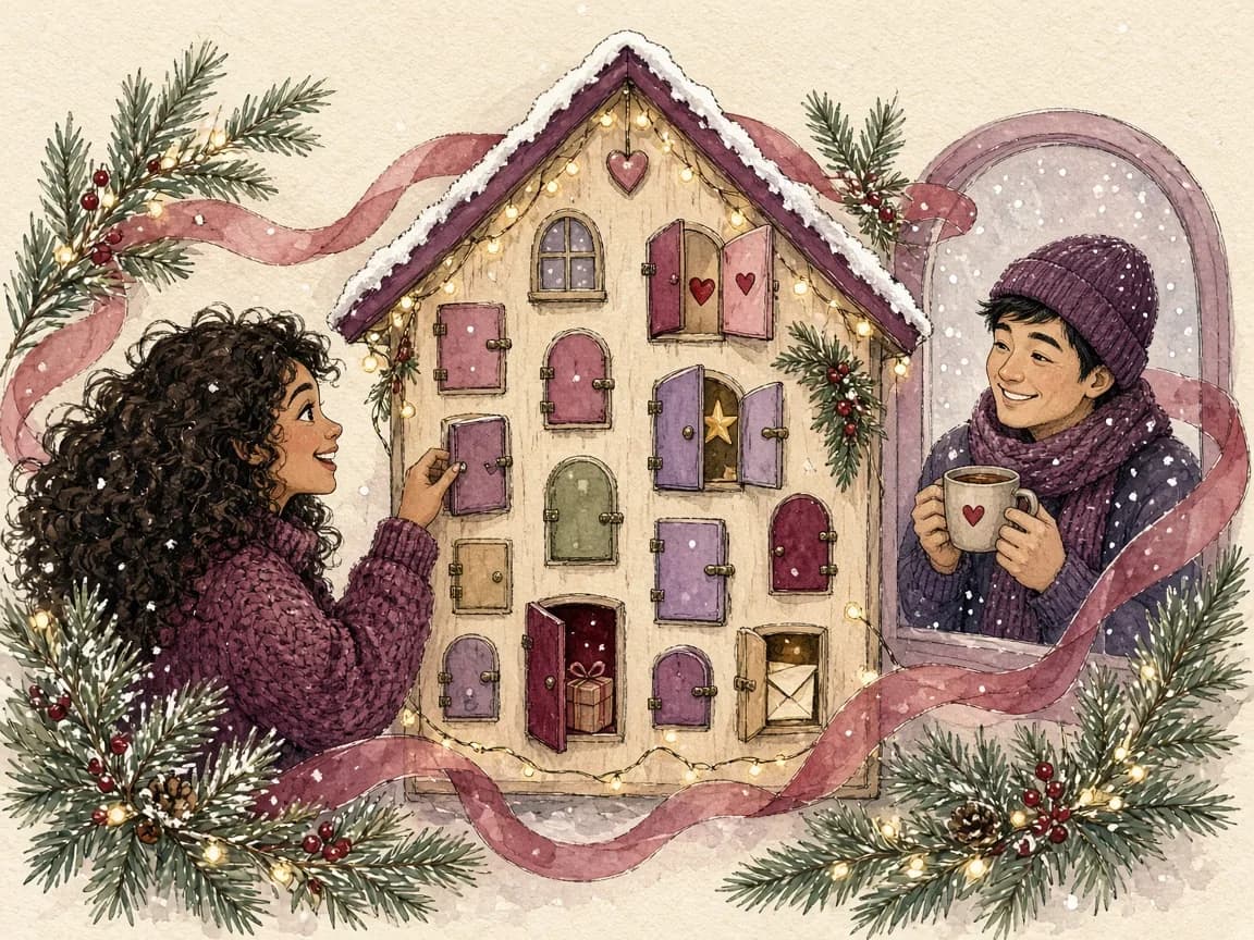 Illustration of a couple sharing a digital advent calendar shaped like a little house with open doors, one opening a door and one smiling from a snowy window