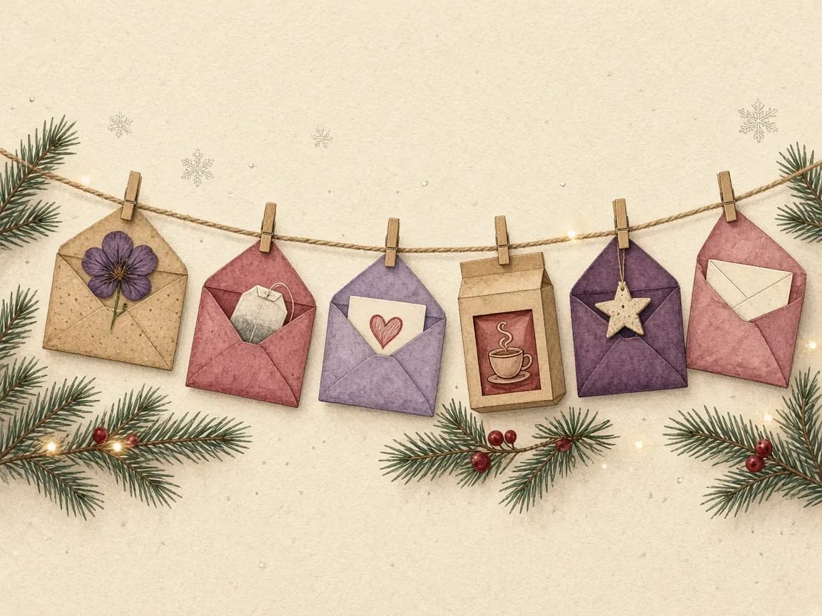 Illustration of advent calendar envelopes on a string with a pressed flower, tea, a heart note, cocoa and a star, advent calendar ideas for couples