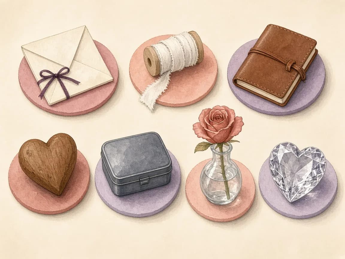Illustration of traditional anniversary gift themes: a paper envelope, cotton ribbon, leather notebook, wooden heart, tin box, rose and crystal heart