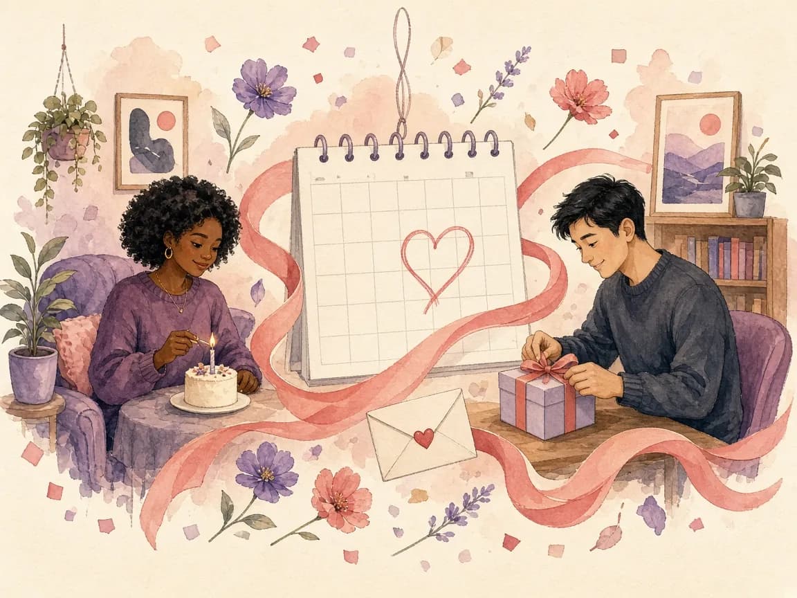 Illustration of a long-distance couple preparing for their anniversary in two homes, a cake and a gift either side of a calendar with a circled date