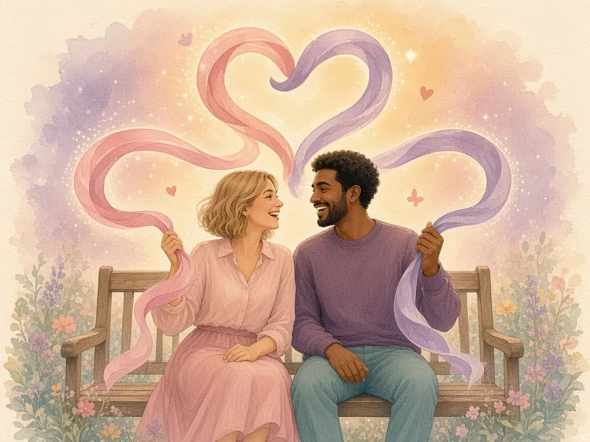 Illustration of a couple on a garden bench holding pink and lavender ribbons that twist together into a heart above them