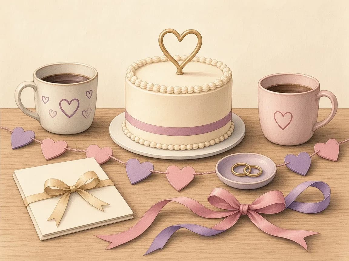 Illustration of matching heart mugs, a cake with a gold heart topper, a heart garland, a ribboned invitation, two rings and a pink and lavender bow