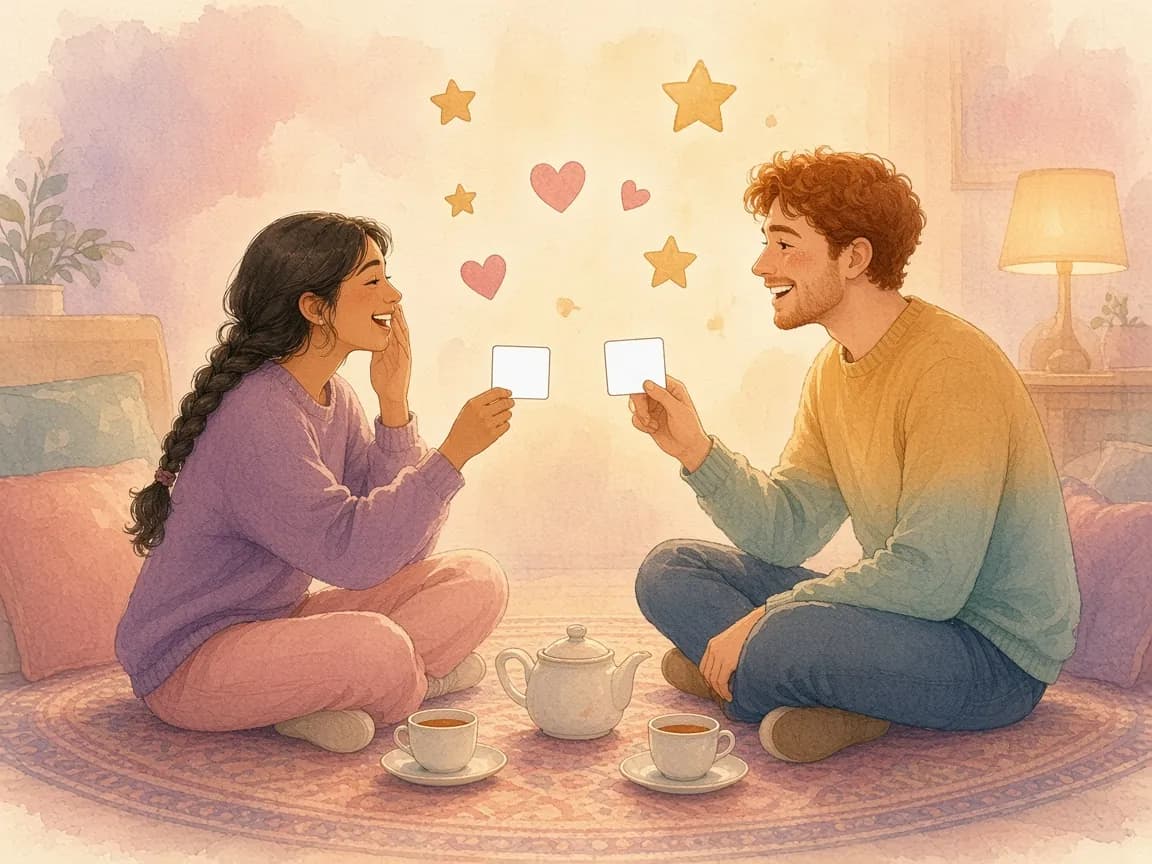 Illustration of a couple sitting on a rug playing a couples quiz with blank question cards, surrounded by hearts, stars and a teapot