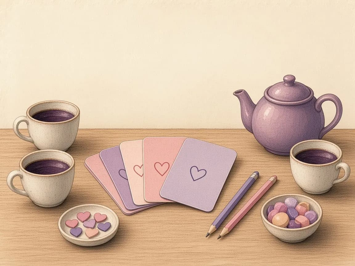 Illustration of a couples quiz night table with pastel question cards, pencils, heart-shaped score tokens, a teapot and cups