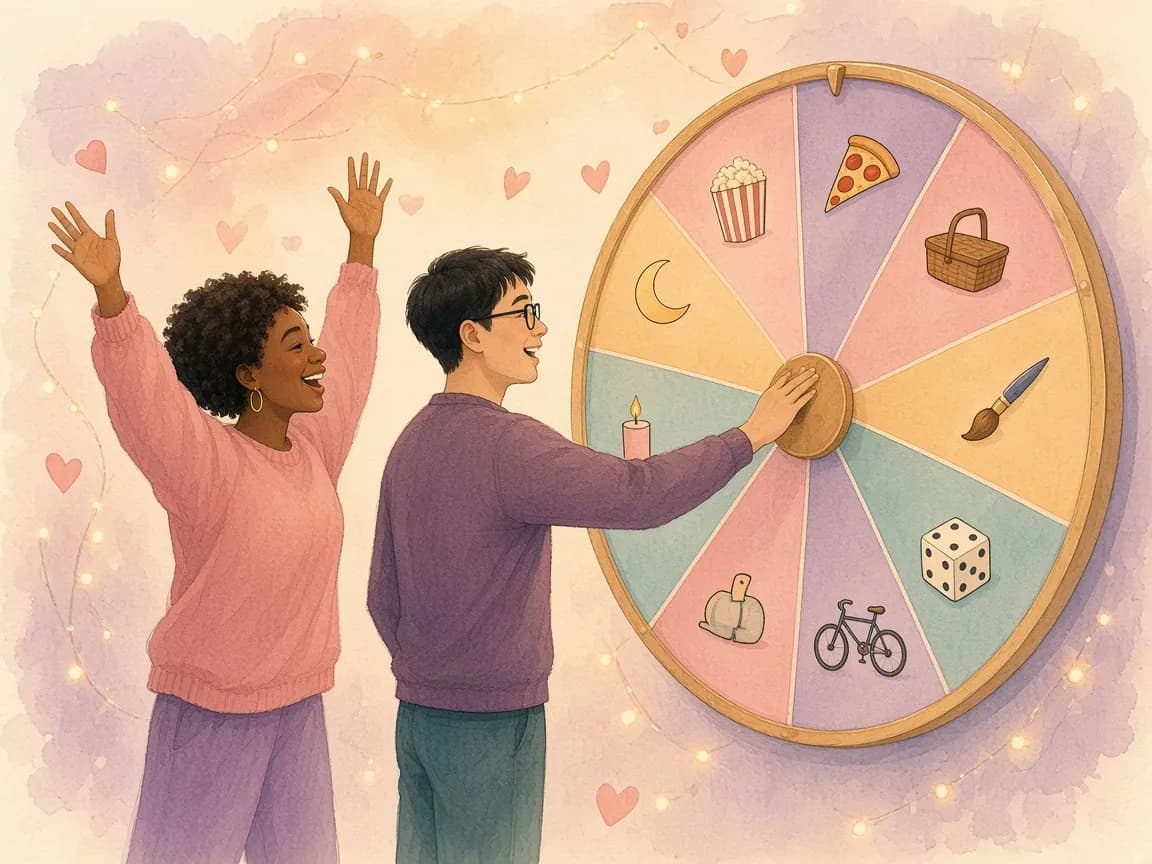 Illustration of a couple cheering as they spin a pastel date night prize wheel decorated with little date idea icons