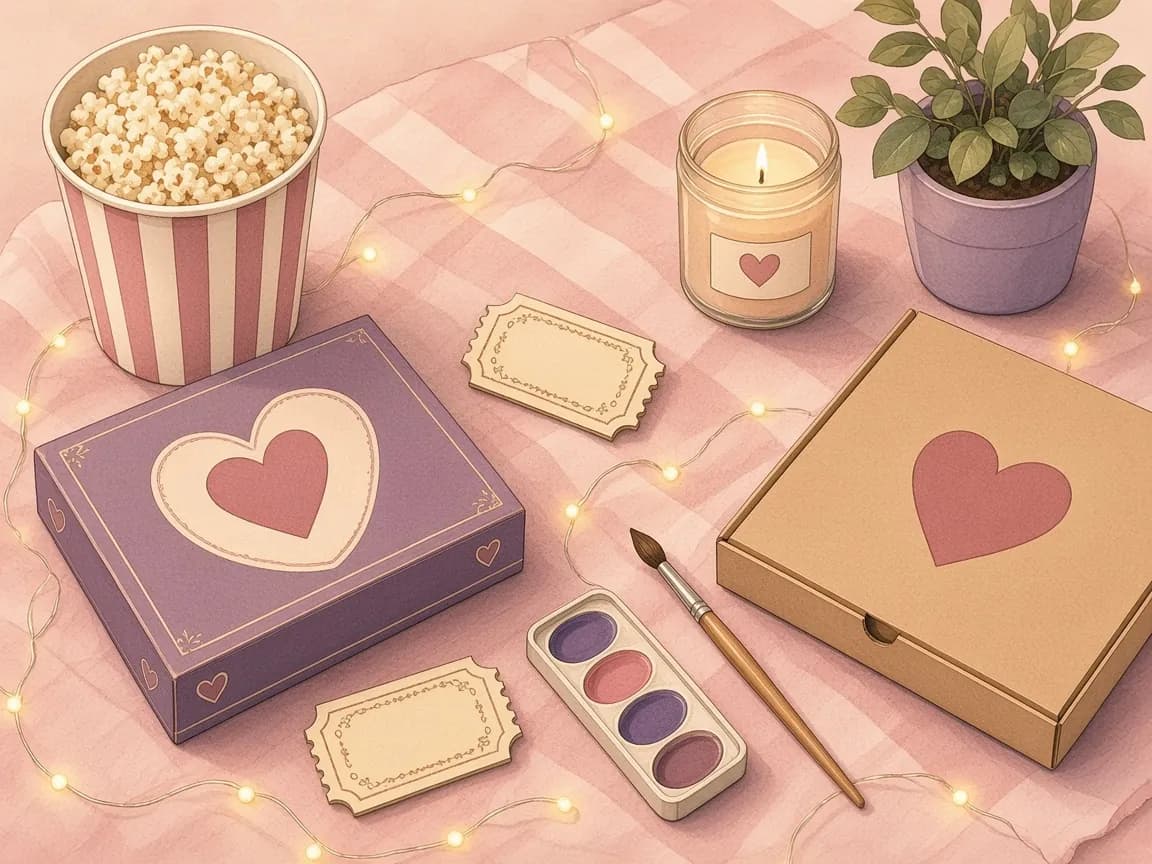 Illustration of a date night flat lay with a bowl of popcorn, a heart board game, ticket stubs, a candle, a paint palette and a pizza box under fairy lights