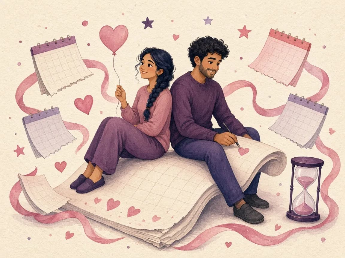Illustration of a couple sitting back to back on a giant calendar page surrounded by hearts and an hourglass, counting their days together