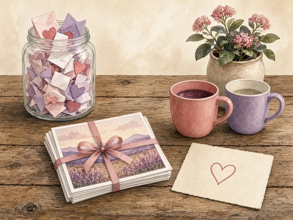 Illustration of a jar of folded love notes, a ribbon-tied stack of photos and two mugs, ideas for celebrating days together