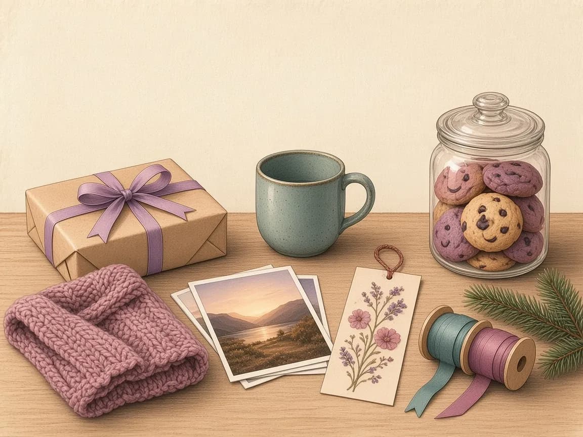 Illustration of a flat lay of gifts with a kraft parcel tied with lavender ribbon, a teal mug, a knitted hat, photos, a pressed flower bookmark and cookies