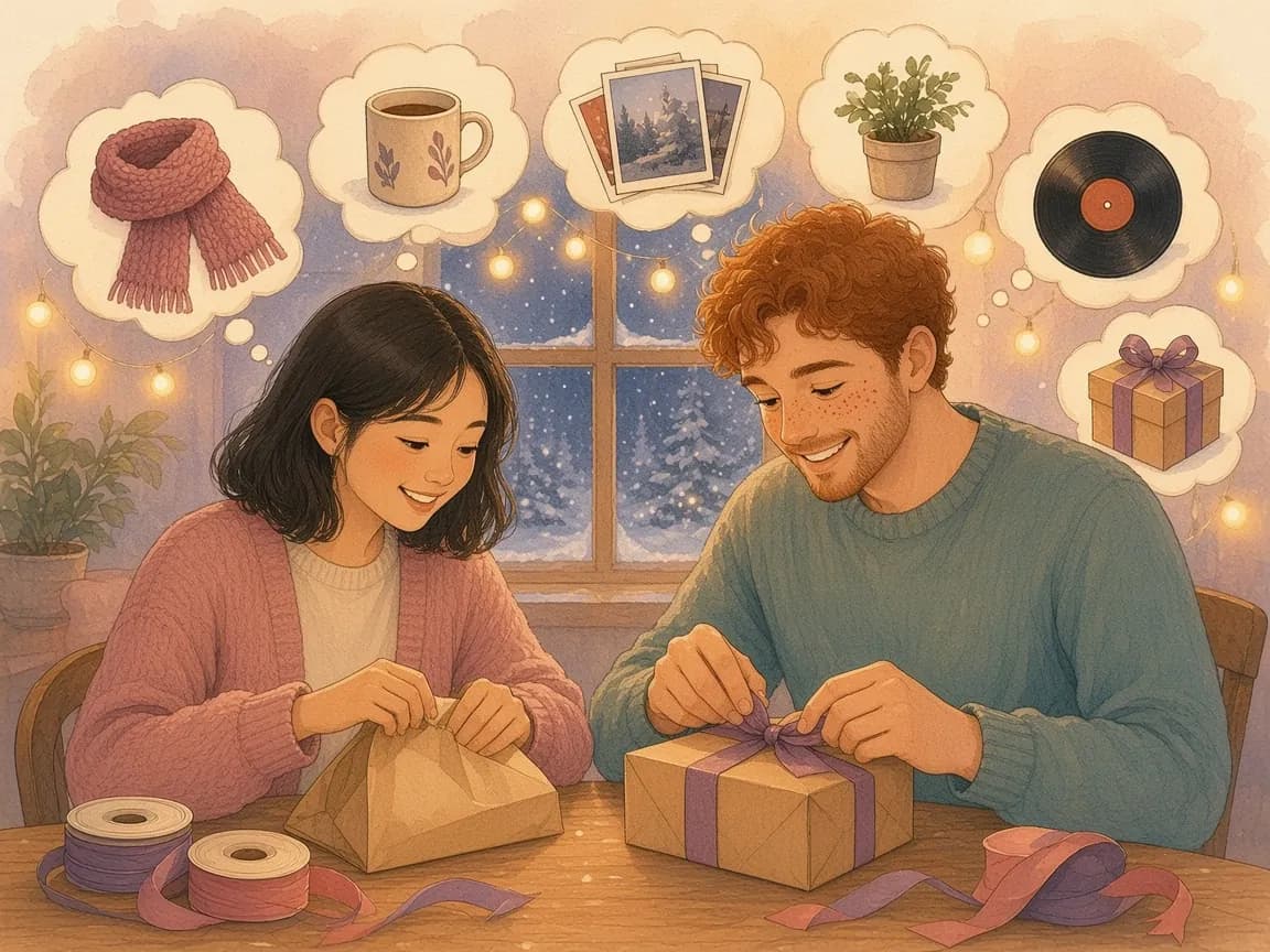 Illustration of a couple wrapping kraft paper parcels by a snowy window, with thought bubbles of a scarf, a mug, photos, a plant and a record above them