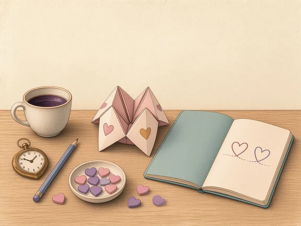 Illustration of a paper fortune teller, heart sweets, a notebook with two dotted hearts and a pencil, a pocket watch and a cup of tea on a table
