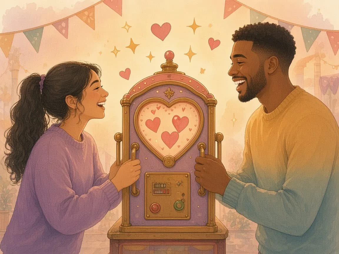 Illustration of a couple laughing as they grip the brass handles of a vintage love tester machine with a heart-shaped gauge under festival bunting