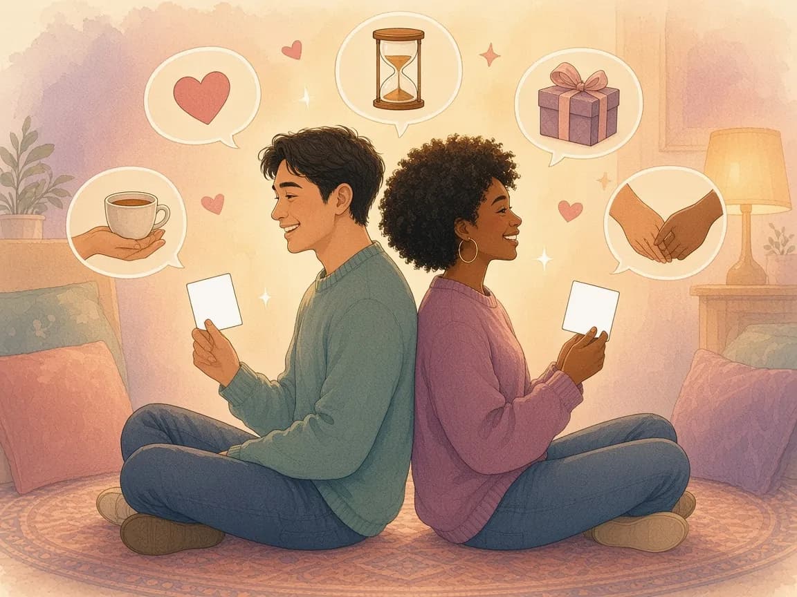 Illustration of a couple standing back to back holding blank cards, with bubbles showing a speech heart, an hourglass, a gift, a cup of tea and holding hands