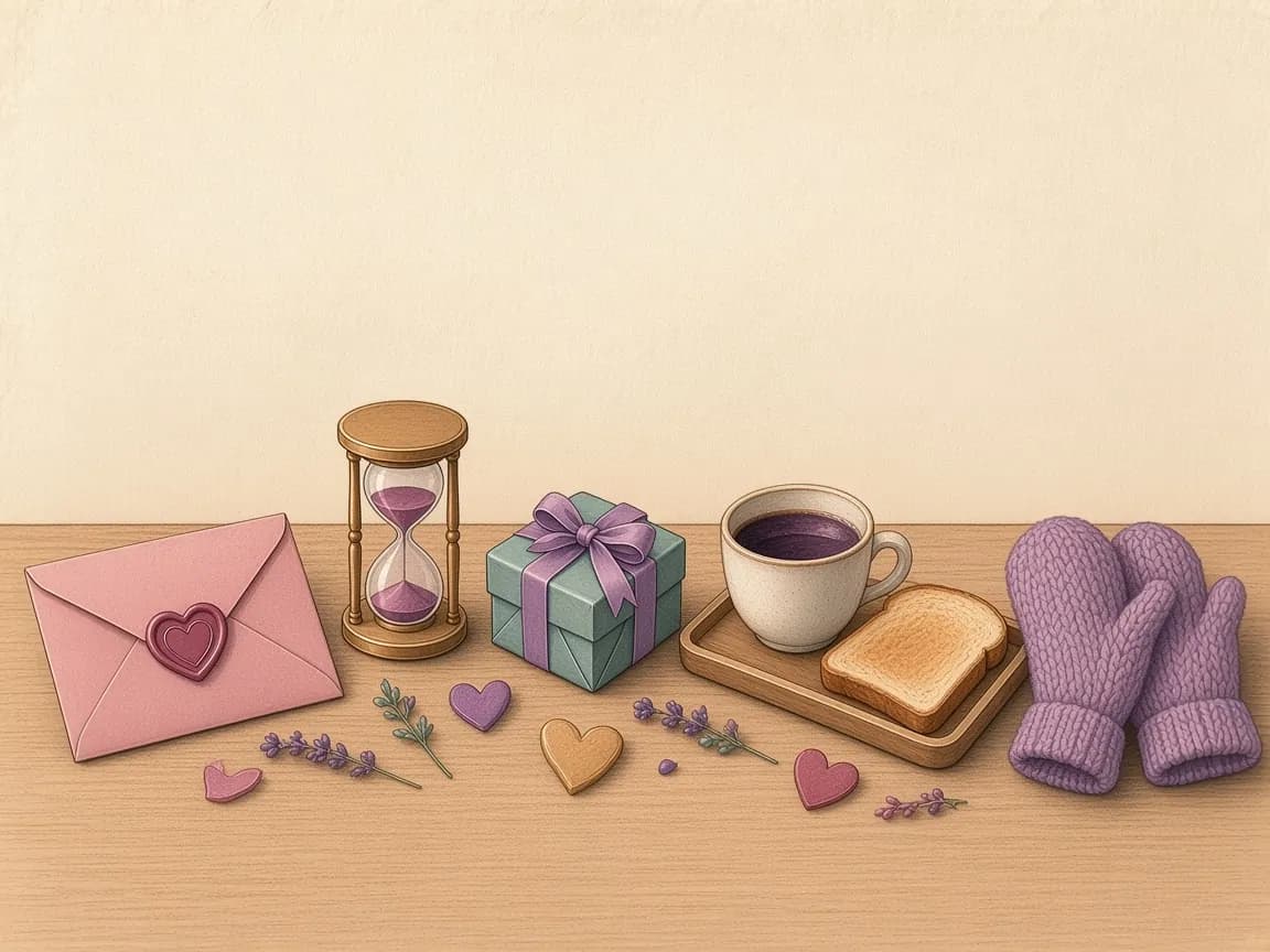Illustration of objects for the five love languages: an envelope with a heart seal, an hourglass, a small gift box, a tray of tea and toast and a pair of mittens
