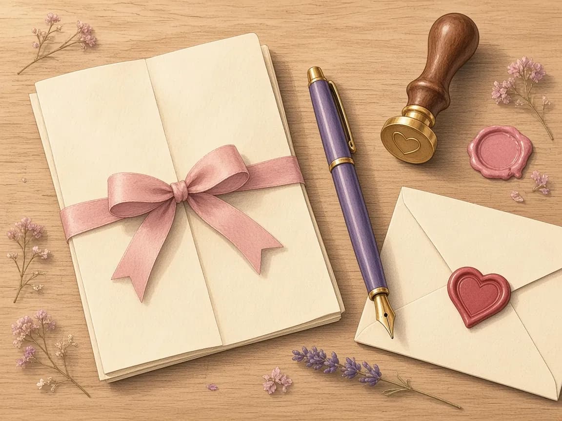 Illustration of a folded love letter tied with a pink ribbon beside a purple fountain pen, a heart wax seal stamp, an envelope, dried flowers and lavender