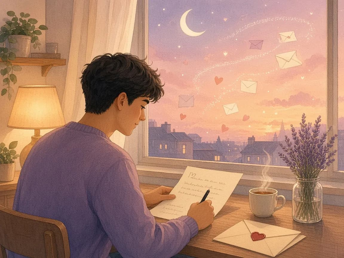 Illustration of a man writing a love letter by a window at dusk as envelopes and hearts drift past a crescent moon over the rooftops