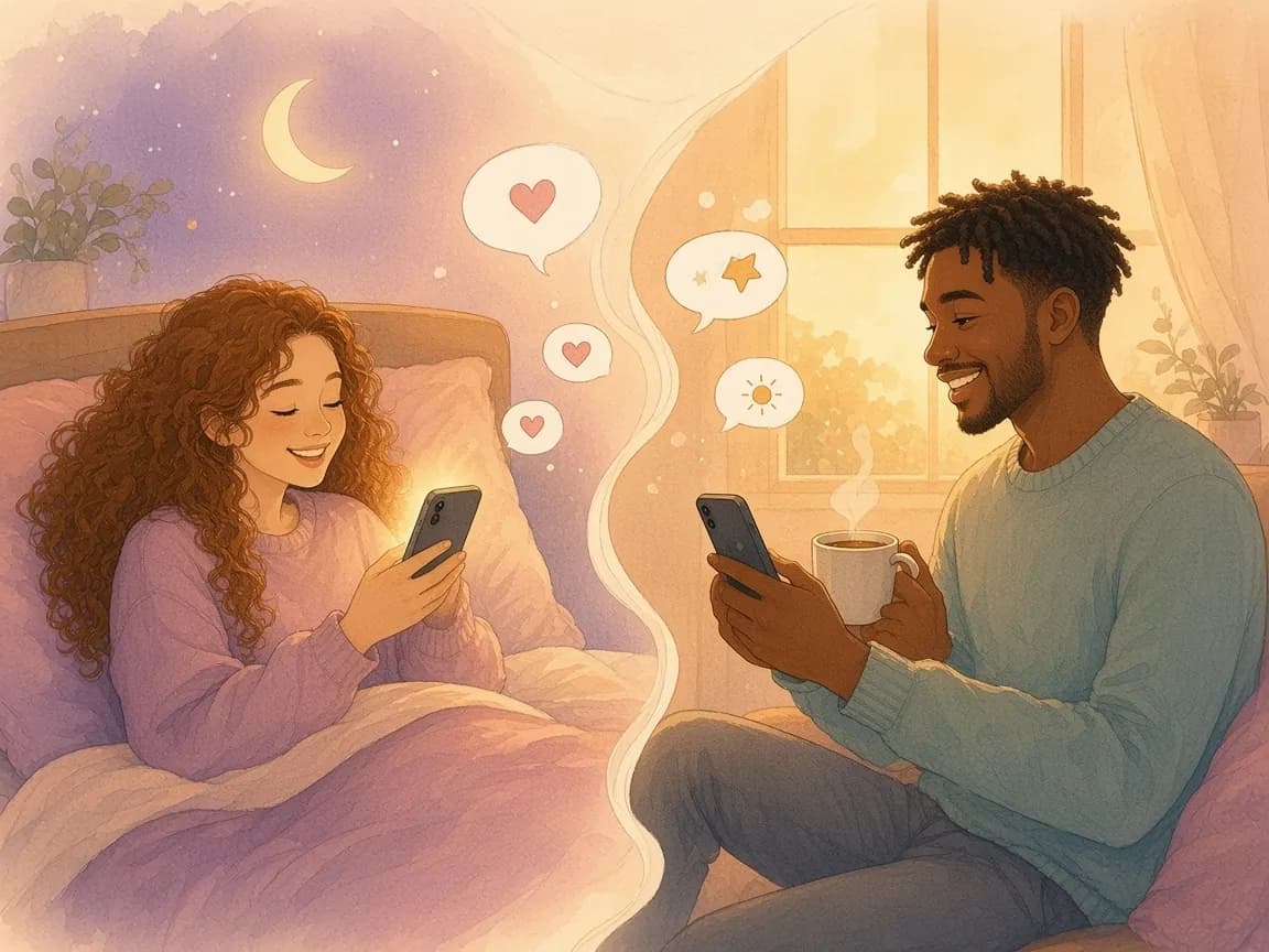 Illustration of a split scene with a woman in bed at night holding her phone and a man with morning coffee and his phone, heart and star speech bubbles between them
