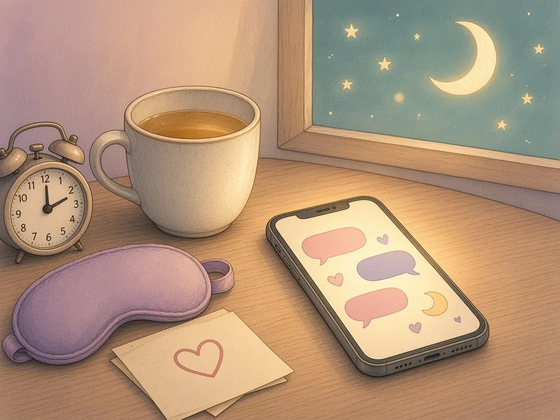 Illustration of a bedside table at night with a phone showing blank message bubbles, a clock, a cup of tea, a sleep mask and a heart note by a moonlit window