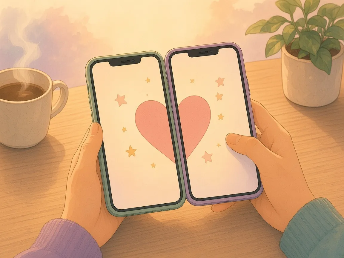 Illustration of two hands holding two phones side by side on a wooden table, the screens together showing one pink heart with stars, beside a coffee cup and a plant