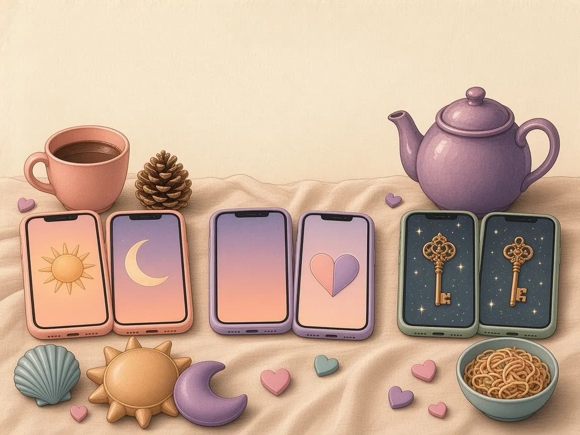 Illustration of three pairs of phones lying side by side on linen: a sun and a crescent moon, a heart split across two screens and two keys on starry screens