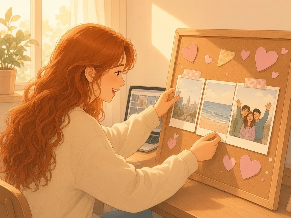Illustration of a woman with long red hair pinning photos of a city, a beach and friends waving onto a corkboard collage with paper hearts and washi tape