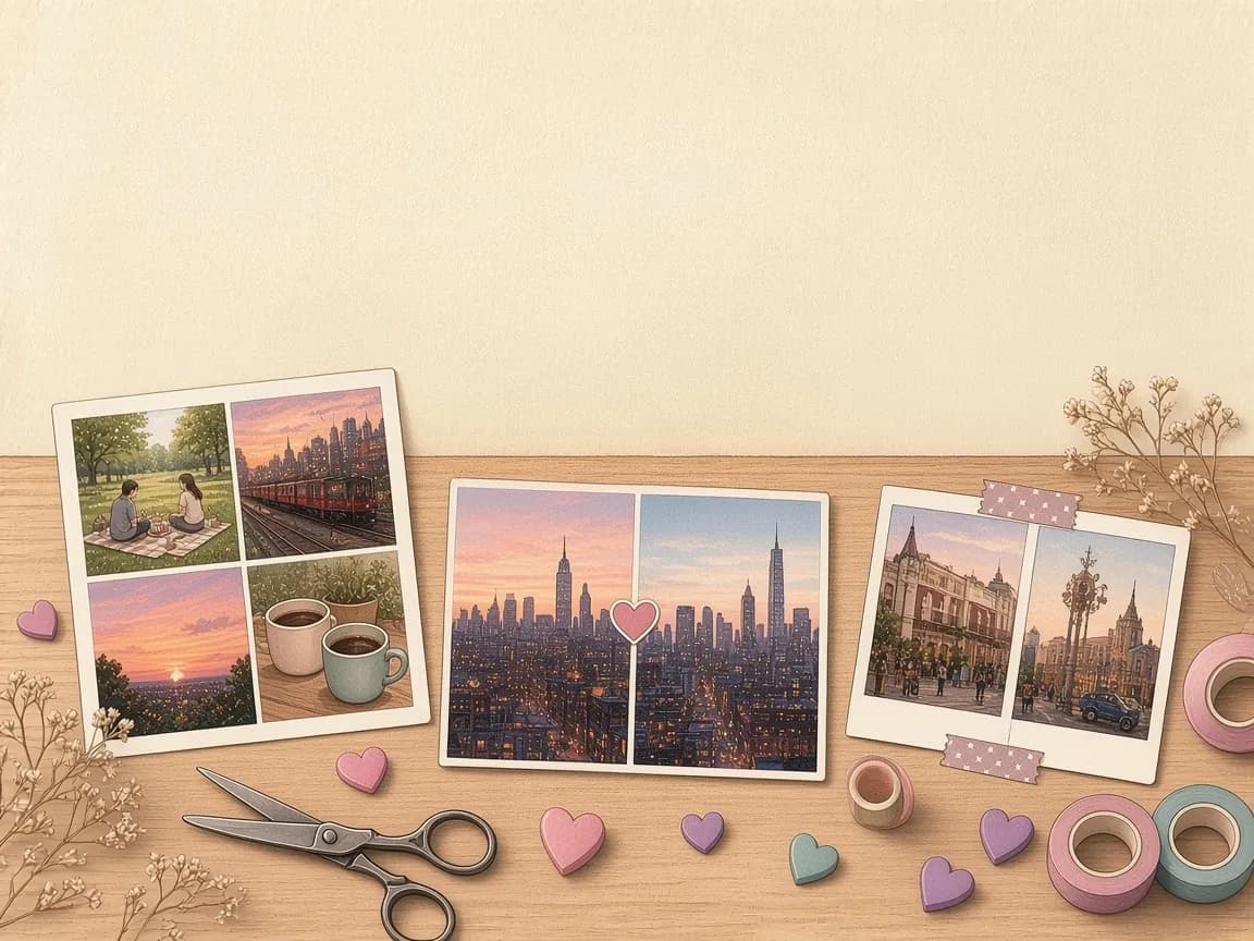 Illustration of printed photo collages on a wooden table: a four-photo grid, two city skylines side by side joined by a heart and two taped instant prints, with scissors and washi tape