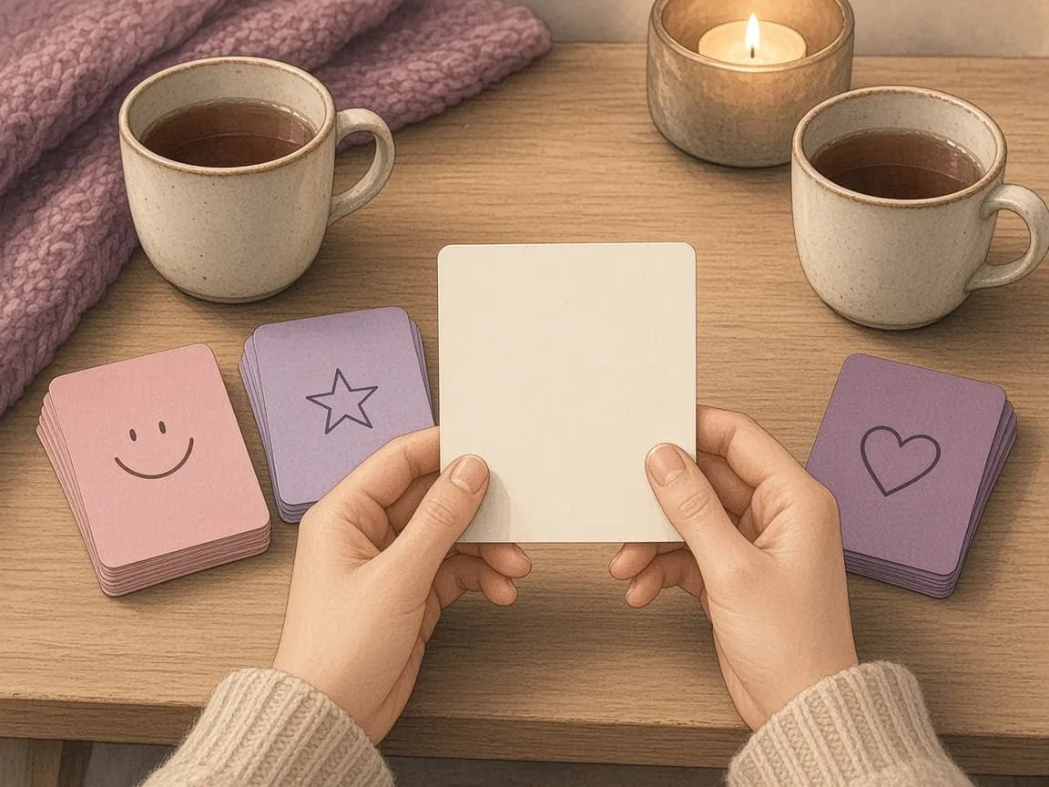 Illustration of hands holding a blank question card above pink, lavender and plum card decks with smile, star and heart symbols beside tea and a candle