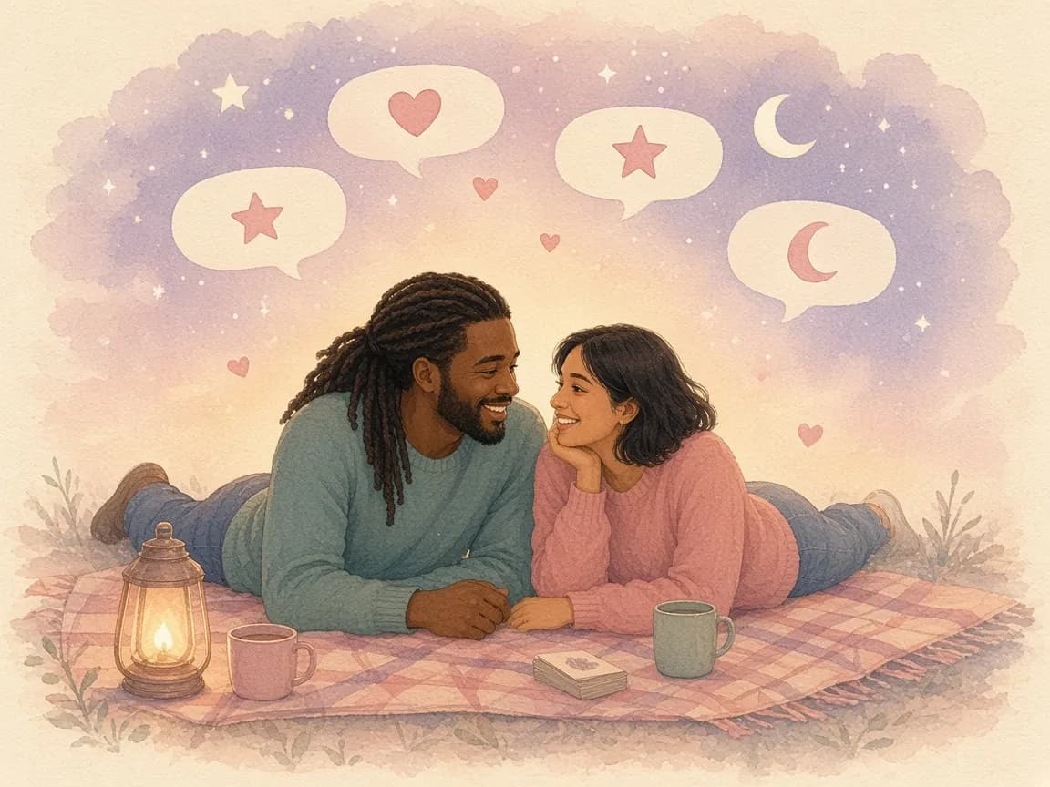 Illustration of a couple lying on a picnic blanket under the stars talking, with speech bubbles of hearts, stars and moons rising above them
