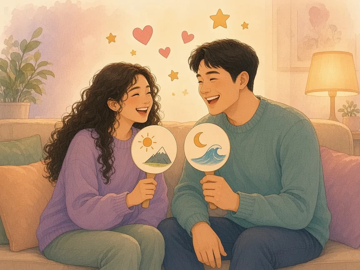 Illustration of a couple on a sofa holding up round picture paddles, a sun and a mountain against a moon and a wave, for a game of this or that