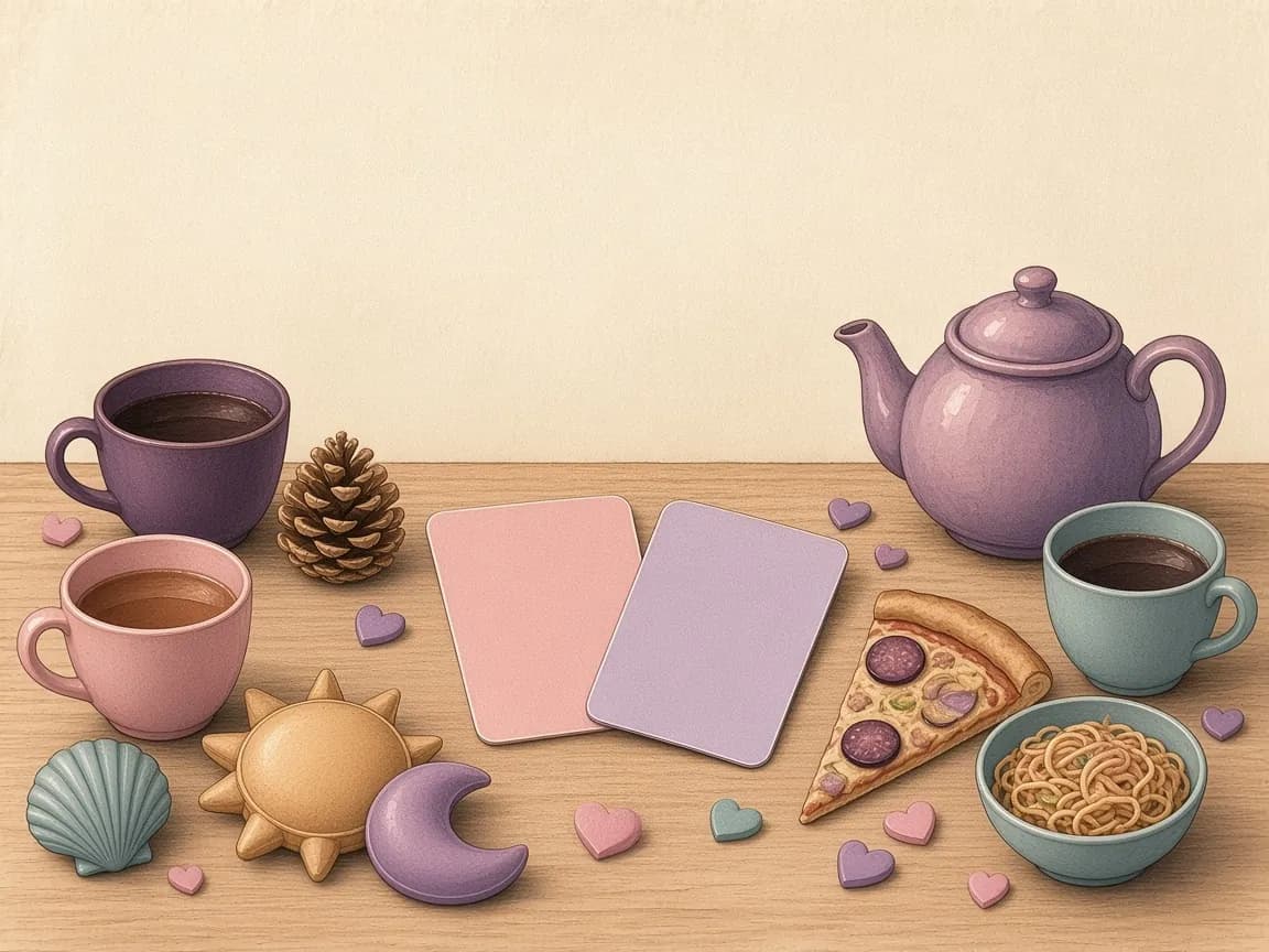 Illustration of paired objects on a table for a this or that game: two cups, a pine cone and a shell, sun and moon cushions, pizza and noodles and blank cards