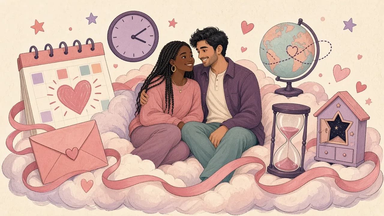 Illustration of a happy couple on a cloud surrounded by a calendar, a clock, a globe, an hourglass, a love letter and a little advent door, the free couple tools