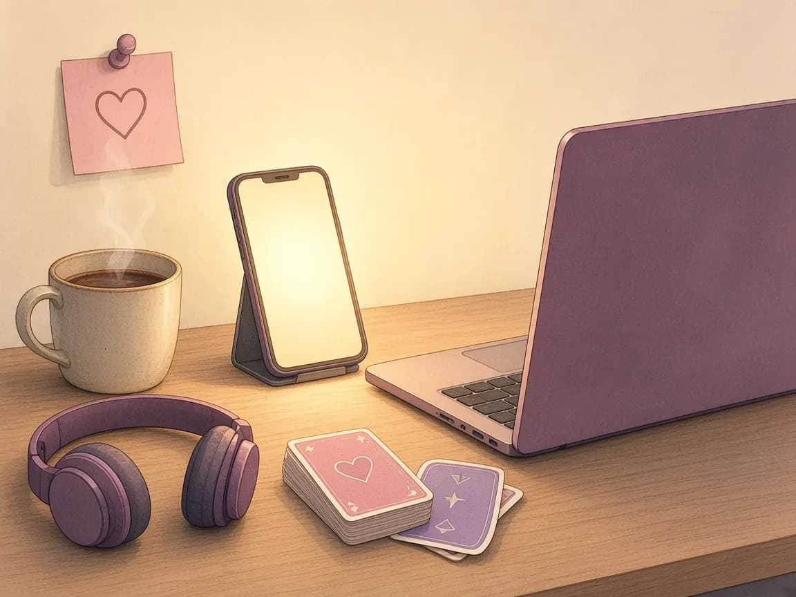 Illustration of a cosy desk at night with a laptop, a glowing phone on a stand, headphones, hot chocolate and heart and star cards for a long-distance game night