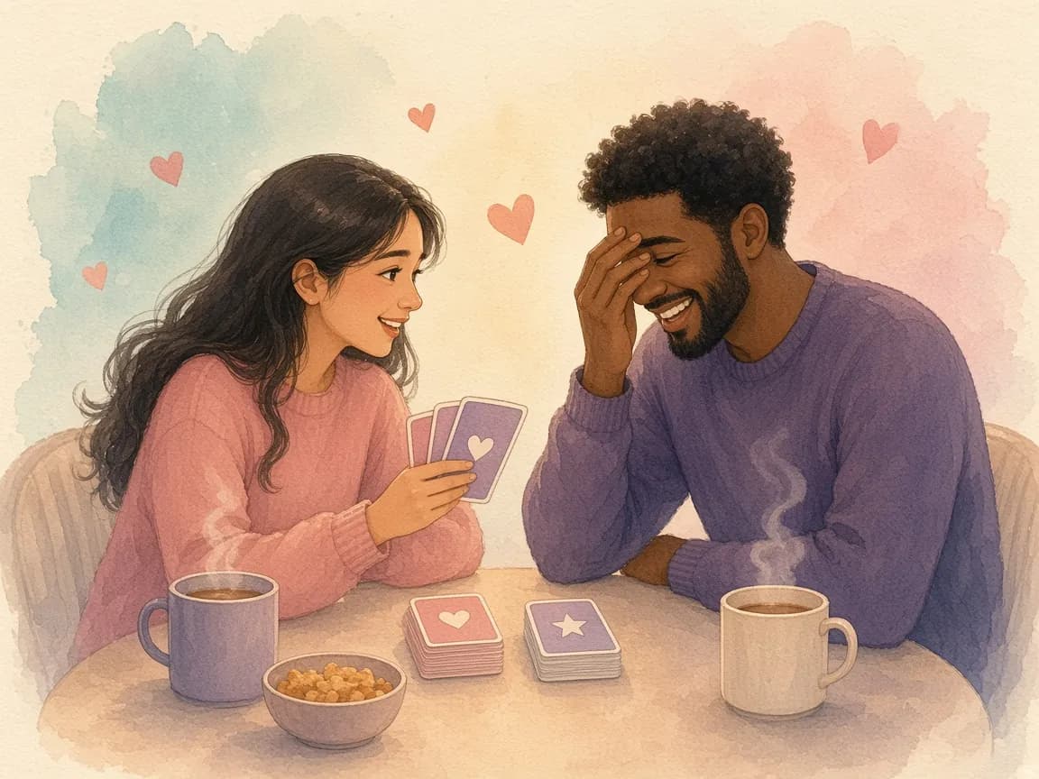 Illustration of a couple playing truth or dare, one reading a card aloud while the other laughs and covers their face, beside pink and lavender card stacks