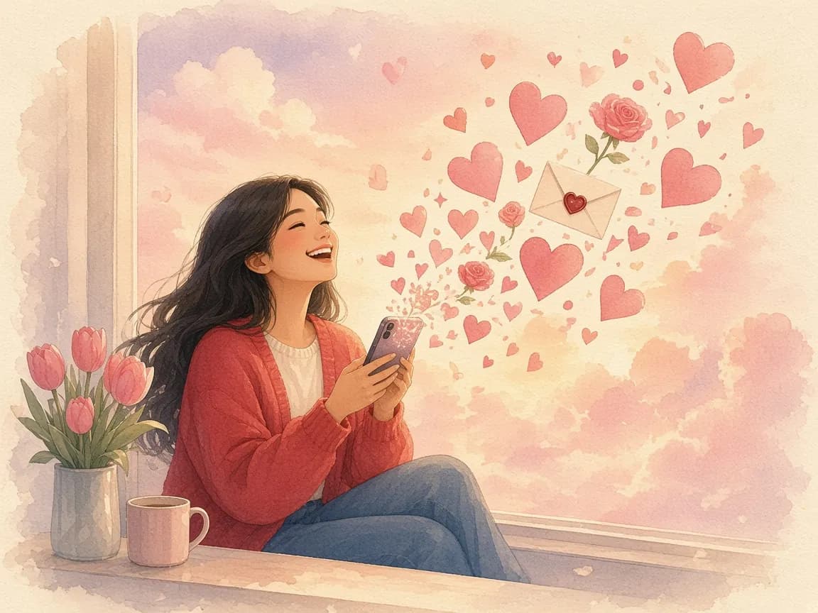 Illustration of a woman on a window seat smiling at her phone as hearts, roses and an envelope burst out of the screen beside a vase of tulips