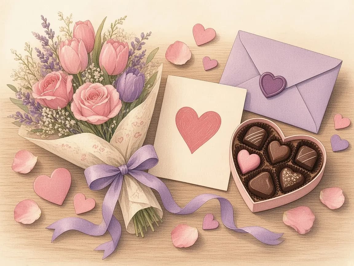 Illustration of a bouquet of red roses and pink tulips beside a heart card, a purple envelope with a heart seal, a heart-shaped chocolate box and scattered petals