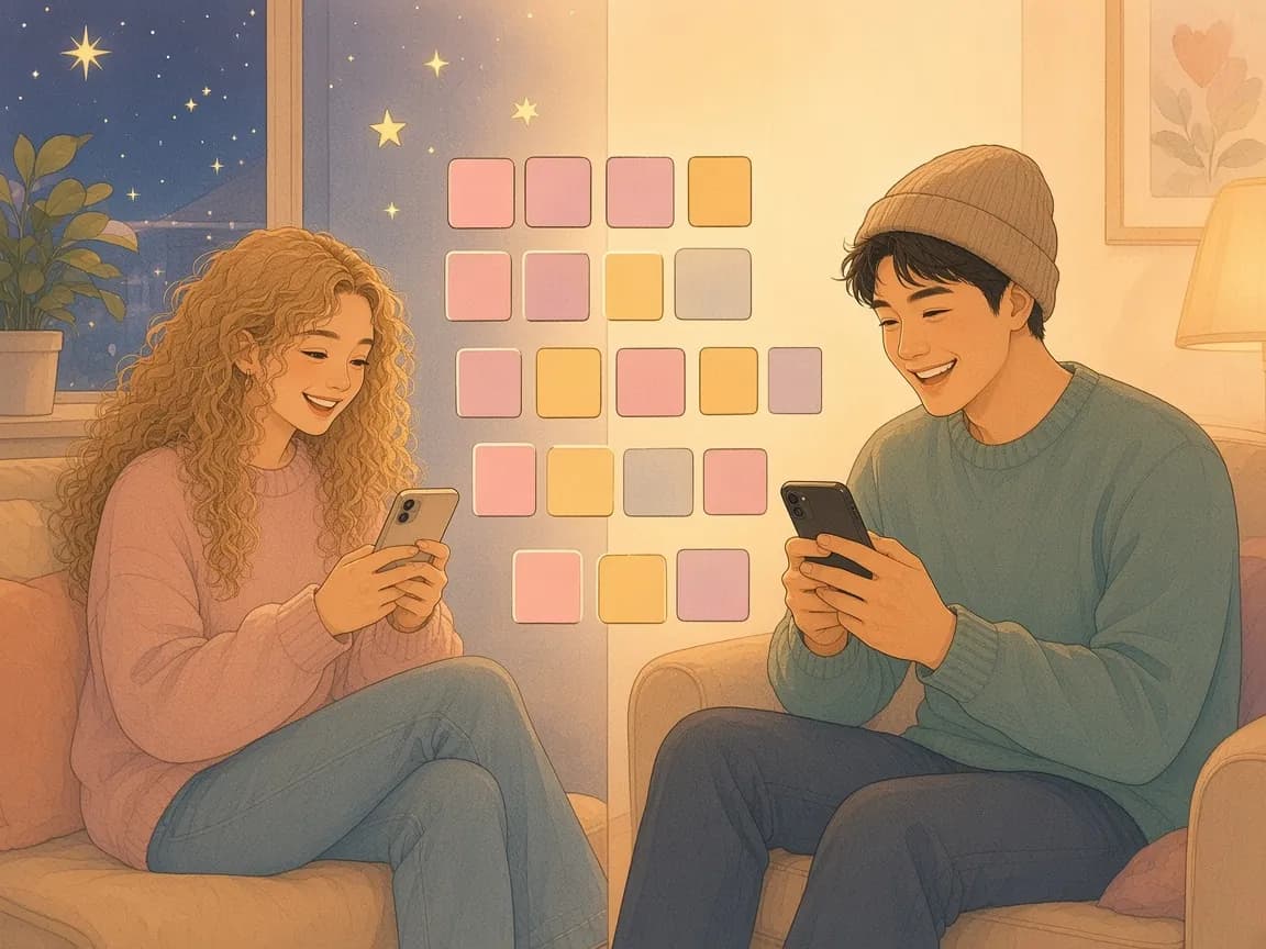 Illustration of a long-distance couple playing a word puzzle on their phones, a woman on a window seat at night and a man on a sofa in daylight, with pink and yellow tiles between them