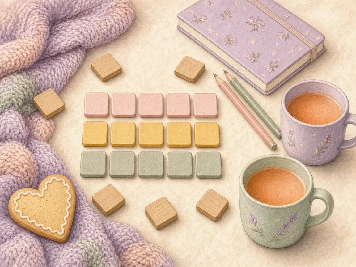 Illustration of rows of blank pink, yellow and sage letter tiles on a soft blanket next to wooden tiles, a notebook, two pencils, two mugs of tea and a heart-shaped cookie