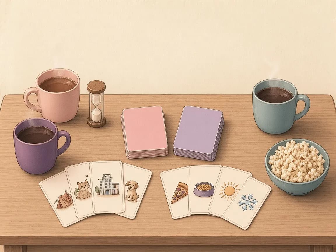 Illustration of a coffee table with pink and lavender card decks and fanned cards showing a tent and a hotel, a cat and a dog, pizza and noodles, a sun and a snowflake, with mugs of cocoa and popcorn