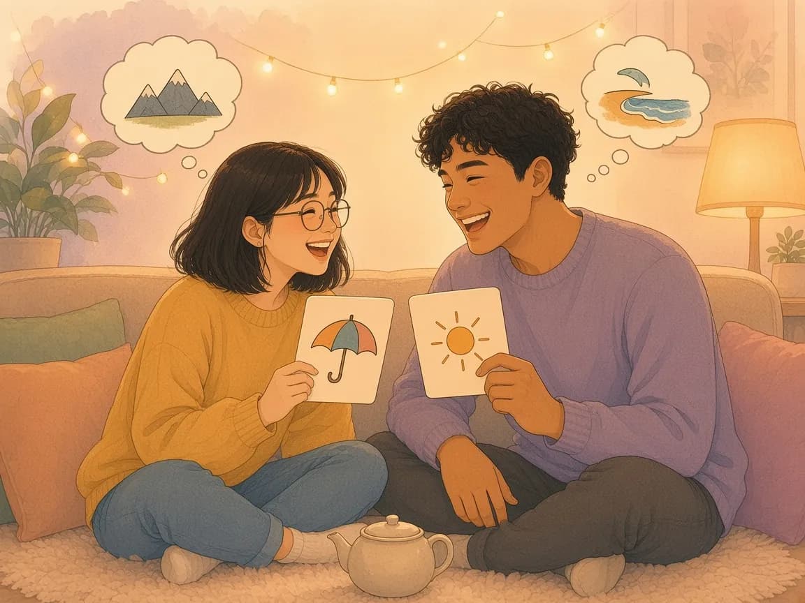 Illustration of a laughing couple on a rug holding up cards with an umbrella and a sun, with thought bubbles of mountains and a beach, playing would you rather