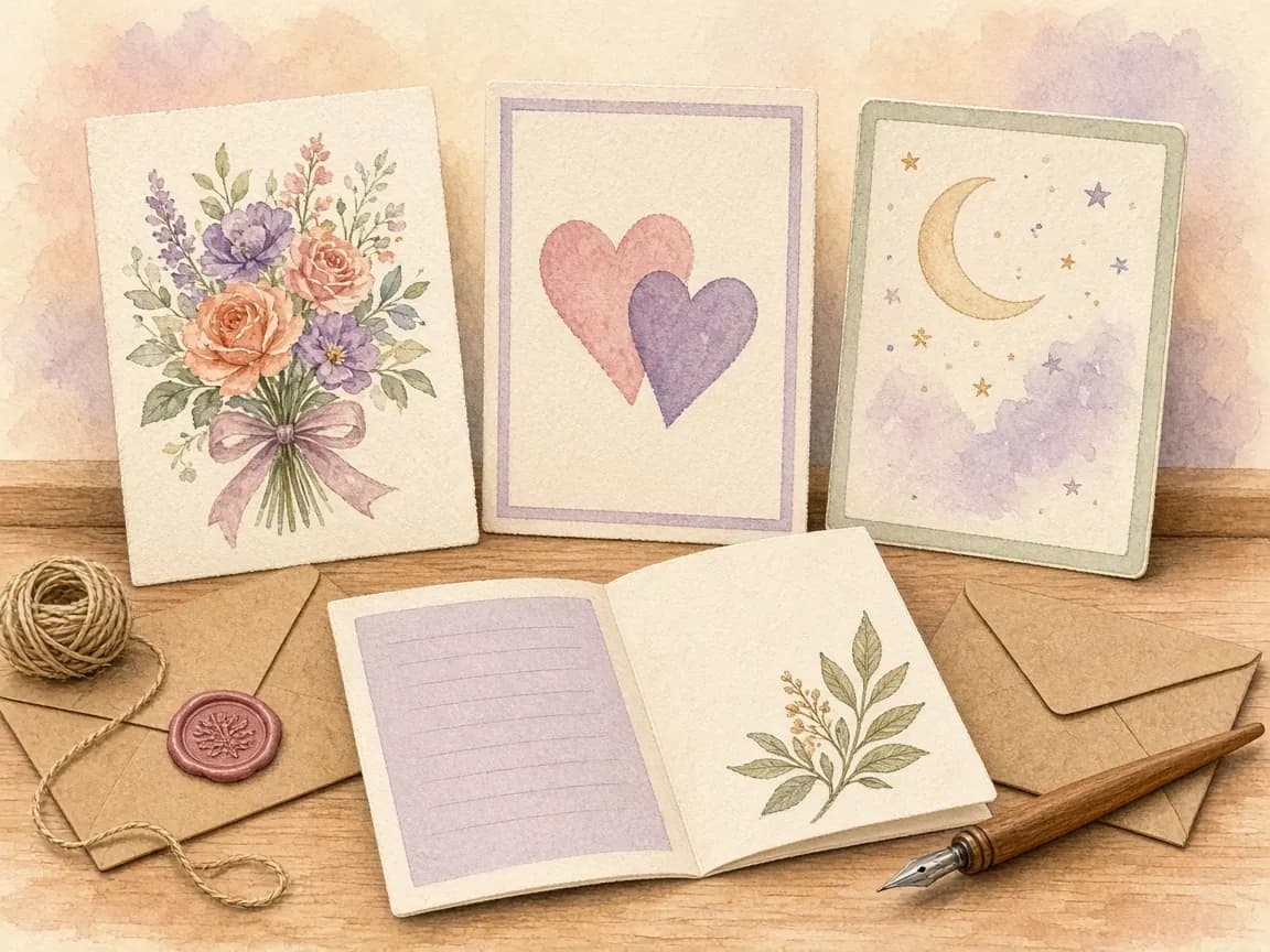 Illustration of handmade anniversary cards with a watercolour bouquet, two overlapping hearts and a moon with stars, an open card with blank lines, kraft envelopes, a wax seal and a fountain pen