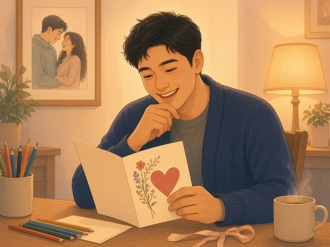 Illustration of a smiling man in a navy cardigan holding a handmade anniversary card with a painted heart and flowers at a table with coloured pencils and a ribbon