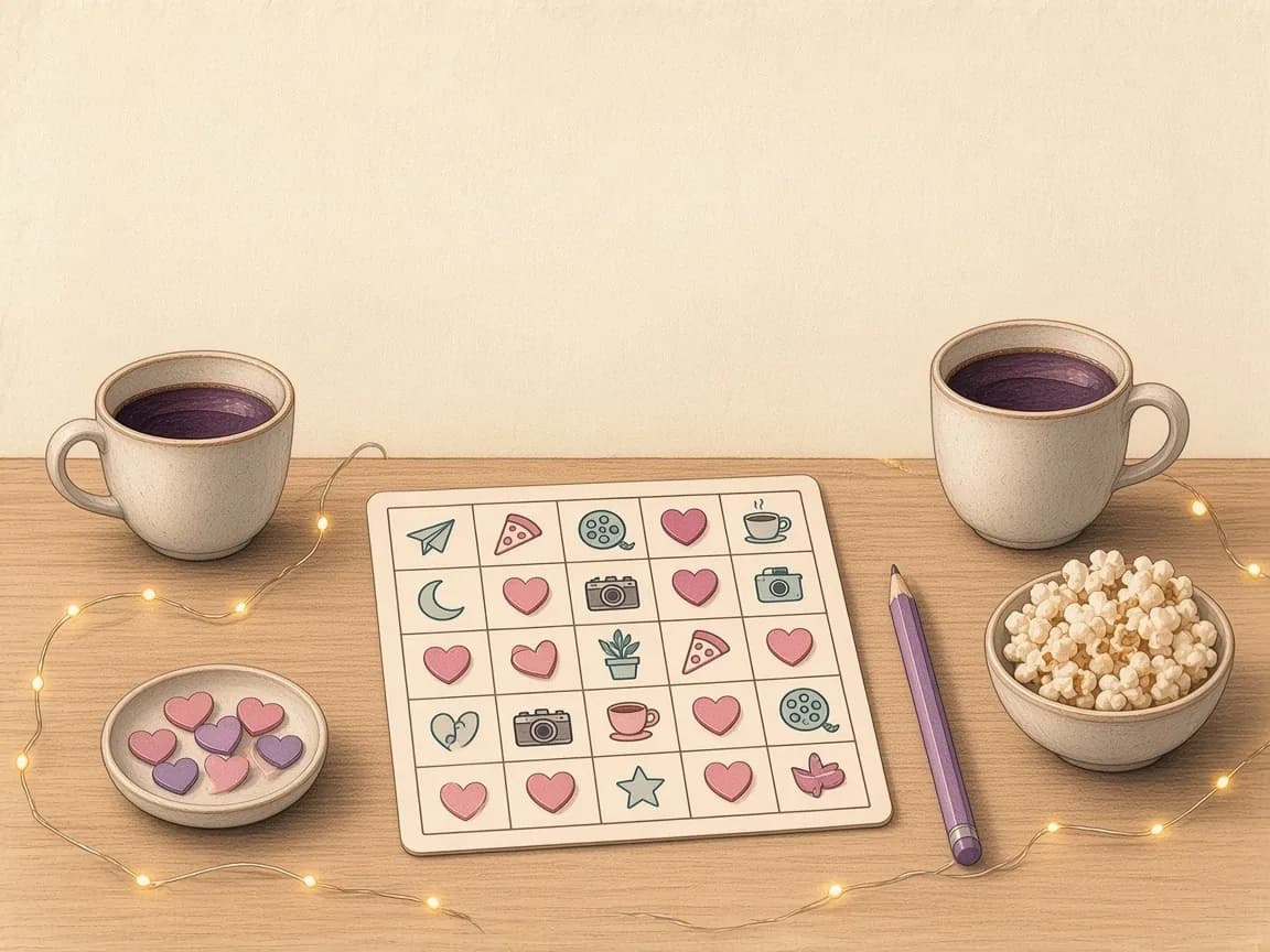 Illustration of a couples bingo card made of little picture squares with heart tokens on some of them, beside cocoa, popcorn and fairy lights