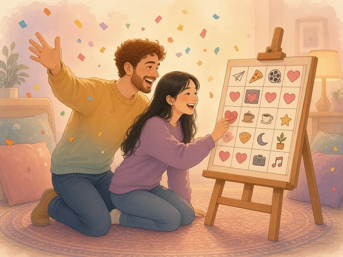 Illustration of a woman placing a heart marker on a big picture bingo board on an easel while her partner cheers beside her under falling confetti